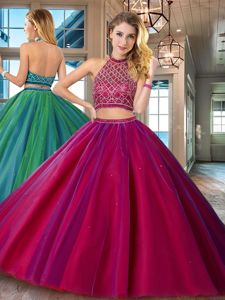 Cheap Tulle Halter Top Sleeveless Brush Train Backless Beading Sweet 16 Dresses in Fuchsia