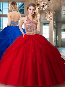 Graceful Red Tulle Backless Halter Top Sleeveless Floor Length Sweet 16 Dresses Beading and Pick Ups