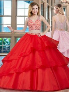 Red Two Pieces Organza V-neck Sleeveless Beading With Train Zipper Sweet 16 Dresses Brush Train