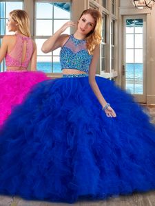 Superior Beading and Ruffles Quinceanera Dresses Royal Blue Lace Up Sleeveless With Brush Train