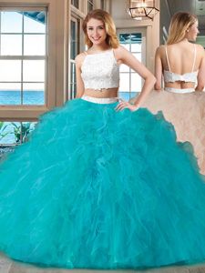 Dynamic Straps Straps Backless Floor Length Blue Quinceanera Dresses Tulle Sleeveless Beading