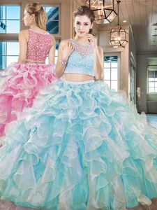 Fantastic Sleeveless Organza Floor Length Side Zipper 15th Birthday Dress in Aqua Blue for with Beading and Ruffles