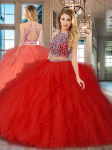 Red Two Pieces Scoop Sleeveless Tulle Floor Length Backless Beading and Ruffles Sweet 16 Quinceanera Dress