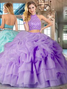 Pick Ups Ruffled Brush Train Two Pieces Sweet 16 Dresses Lavender Halter Top Organza Sleeveless Backless