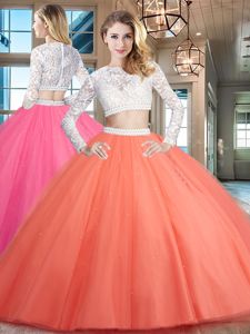 Flirting Scoop Watermelon Red Long Sleeves Tulle Zipper Quinceanera Dresses for Military Ball and Sweet 16 and Quinceanera