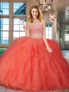 Best Tulle Scoop Sleeveless Backless Beading and Ruffles Sweet 16 Dresses in Orange Red