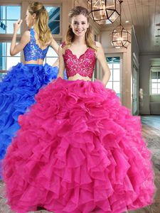 Scoop Backless Organza Sleeveless Floor Length Quinceanera Gown and Beading and Ruffles