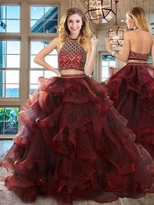 Burgundy Halter Top Neckline Beading and Ruffles 15 Quinceanera Dress Sleeveless Backless