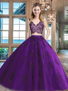 Purple Sleeveless Lace and Appliques Floor Length Sweet 16 Quinceanera Dress