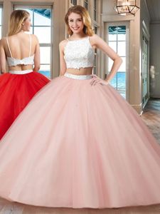 Comfortable Pink Straps Neckline Beading Ball Gown Prom Dress Sleeveless Backless