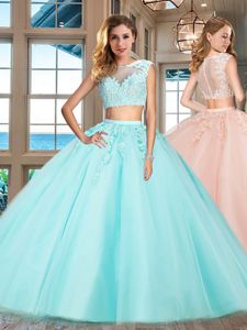 Aqua Blue Bateau Neckline Appliques Sweet 16 Quinceanera Dress Cap Sleeves Zipper