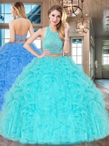 Ideal Halter Top Aqua Blue Two Pieces Beading and Ruffles Sweet 16 Dress Backless Tulle Sleeveless Floor Length