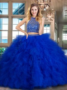 Exquisite Halter Top Royal Blue Tulle Backless Quinceanera Gowns Sleeveless Brush Train Beading and Ruffles