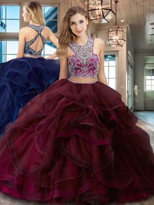 Modern Scoop With Train Two Pieces Sleeveless Burgundy Vestidos de Quinceanera Brush Train Criss Cross