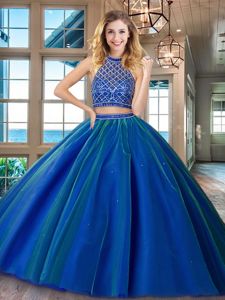 HalterHalter Top Royal Blue Two Pieces Beading Quinceanera Dresses Backless Tulle Sleeveless