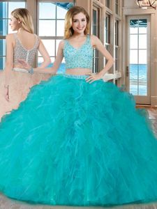 Tulle Sleeveless Floor Length Quinceanera Dress and Beading and Ruffles