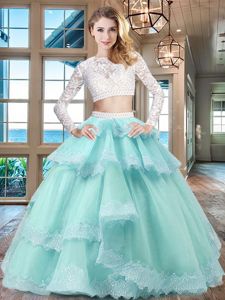 Sexy Aqua Blue Scoop Neckline Beading and Lace and Ruffled Layers Quinceanera Gowns Long Sleeves Zipper