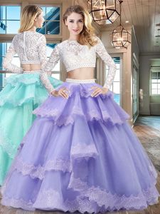 Spectacular Scoop Beading and Lace and Ruffled Layers Sweet 16 Dress Lavender Zipper Long Sleeves Floor Length