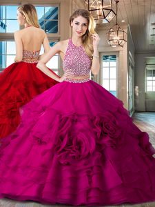 Halter Top Sleeveless Brush Train Beading and Ruffles Backless Sweet 16 Quinceanera Dress