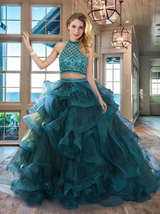 Teal Two Pieces Tulle Halter Top Sleeveless Beading and Ruffles Backless Quince Ball Gowns Brush Train