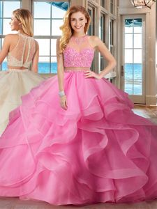 Clearance Baby Pink Organza Lace Up 15 Quinceanera Dress Sleeveless With Brush Train Beading and Ruffles