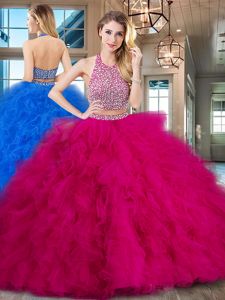 Halter Top With Train Two Pieces Sleeveless Fuchsia Sweet 16 Dress Brush Train Backless