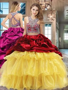 Scoop Sleeveless Organza and Taffeta With Brush Train Criss Cross Quinceanera Dress in Multi-color for with Beading and Ruffled Layers and Pick Ups