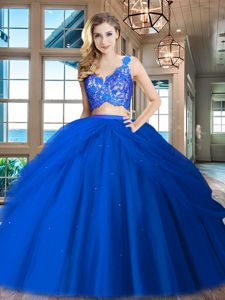 Fine Floor Length Royal Blue 15 Quinceanera Dress Tulle Sleeveless Lace and Ruffled Layers