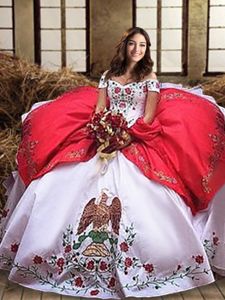 Off the Shoulder White And Red Quince Ball Gowns Organza and Taffeta Sleeveless Embroidery and Ruffled Layers