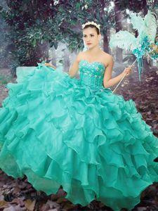 Turquoise Lace Up Sweetheart Beading and Ruffled Layers Quinceanera Gown Organza Sleeveless