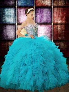 Off the Shoulder Sequins Aqua Blue Sleeveless Tulle Zipper Ball Gown Prom Dress for Military Ball and Sweet 16 and Quinceanera