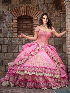 Simple Ruffled Off The Shoulder Sleeveless Lace Up Quince Ball Gowns Rose Pink Taffeta