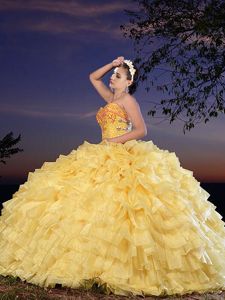 Gorgeous Gold Organza Lace Up Sweetheart Sleeveless Floor Length Vestidos de Quinceanera Beading and Ruffled Layers