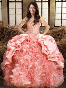 Pink Organza and Taffeta Lace Up Off The Shoulder Sleeveless Floor Length Quinceanera Gown Beading and Ruffles and Pick Ups