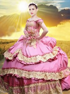 Pick Ups Ball Gowns Vestidos de Quinceanera Rose Pink Off The Shoulder Taffeta Sleeveless Floor Length Lace Up