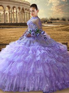 Dramatic Ruffled Ball Gowns 15th Birthday Dress Lavender High-neck Tulle Long Sleeves Floor Length Lace Up