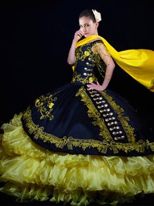 Black Lace Up Off The Shoulder Beading and Embroidery and Ruffled Layers Quinceanera Gown Organza and Taffeta Sleeveless