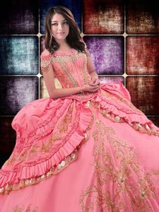 Beauteous Off the Shoulder Taffeta Sleeveless Floor Length 15 Quinceanera Dress and Beading and Embroidery and Ruffled Layers