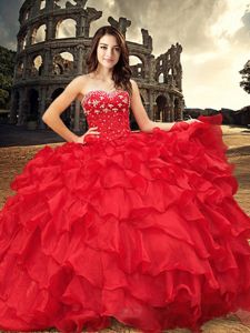 Sweetheart Sleeveless Organza Vestidos de Quinceanera Beading and Ruffles Lace Up