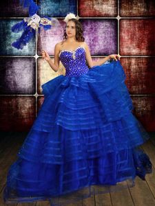 Dramatic Royal Blue Lace Up Sweet 16 Quinceanera Dress Beading and Ruffled Layers Sleeveless Floor Length