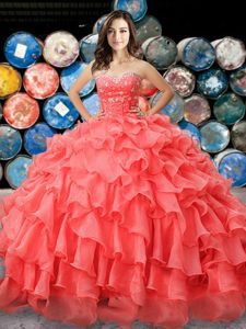 Suitable Coral Red Organza Lace Up Sweetheart Sleeveless Floor Length Vestidos de Quinceanera Beading and Ruffles