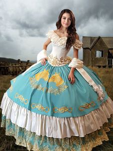 Beauteous Blue And White Sweet 16 Quinceanera Dress Military Ball and Sweet 16 and Quinceanera and For with Lace and Embroidery and Ruffled Layers Off The Shoulder Short Sleeves Lace Up