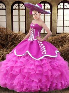 Ball Gowns Quince Ball Gowns Fuchsia Sweetheart Organza Sleeveless Floor Length Lace Up