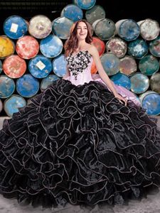 Graceful Black Ball Gowns Sweetheart Sleeveless Organza Floor Length Lace Up Beading and Ruffles and Pick Ups 15th Birthday Dress