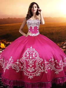 Floor Length Lace Up Sweet 16 Dresses Hot Pink and In for Military Ball and Sweet 16 and Quinceanera with Beading and Embroidery