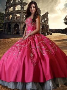 Sophisticated Floor Length Hot Pink Quinceanera Gown Taffeta Sleeveless Beading and Embroidery