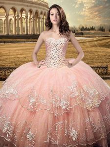 Peach Tulle Lace Up Sweetheart Sleeveless Floor Length 15th Birthday Dress Beading and Embroidery