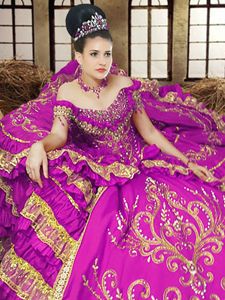 Exceptional Purple Satin Lace Up Off The Shoulder Sleeveless Floor Length Quince Ball Gowns Embroidery