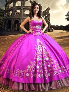 Fine Sleeveless Satin Floor Length Lace Up Sweet 16 Dresses in Fuchsia for with Embroidery