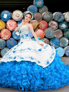 Vintage Blue And White Ball Gowns Organza Halter Top Sleeveless Appliques and Embroidery and Ruffles Floor Length Lace Up 15 Quinceanera Dress